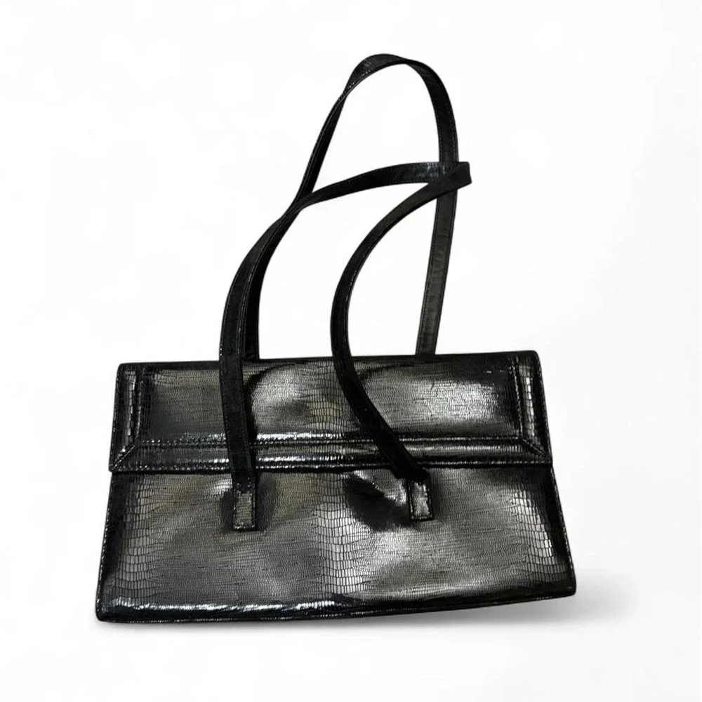 Stuart Weitzman Vintage 90s Baguette Black Reptile Embossed East West